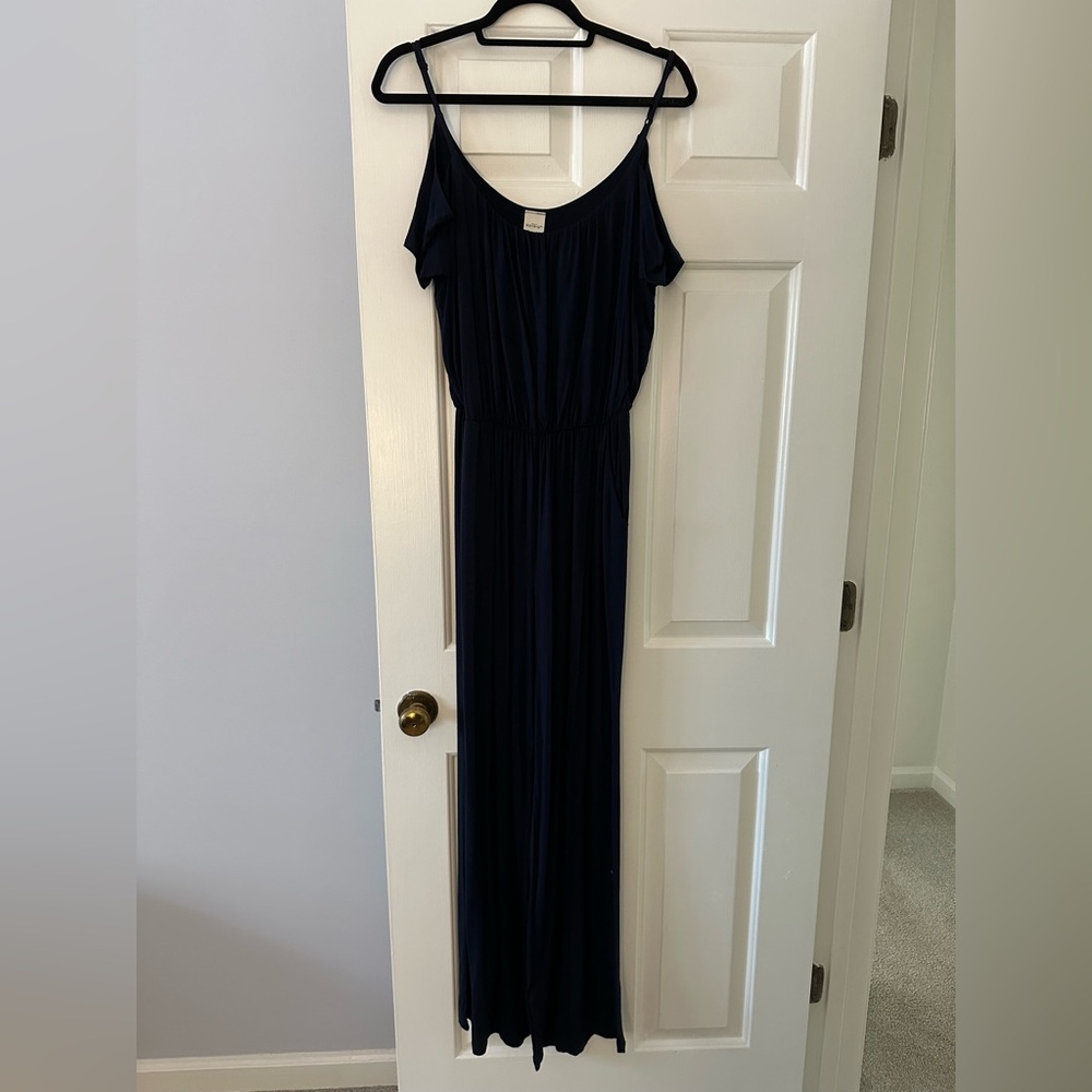 Navy Jumpsuit with Cold-Shoulder Sleeve